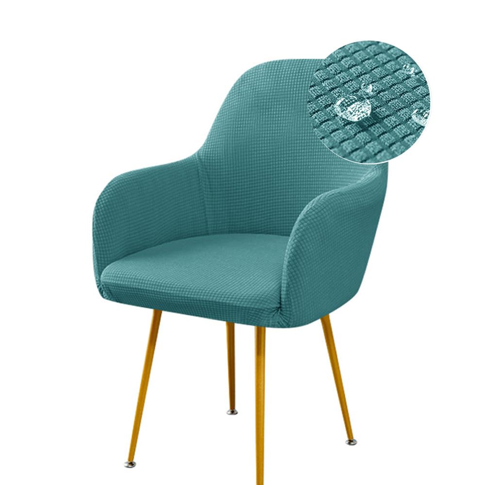 Highdi Stretch Dining Chair Covers Waterproof Jacquard Curved Back Chair Slipcovers with Armrest, Vanity Swivel Armchair Cover Removable Washable for Bedroom Party Hotel (6 PCS,Turquoise)