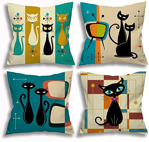 Jiuyiqibz4 Linen Throw Pillow Cases(Set of 4) Cushion Cover for Sofa Bed Home Decor,Two Sided 3D Print Cat Pillows Covers,18 in×18 in