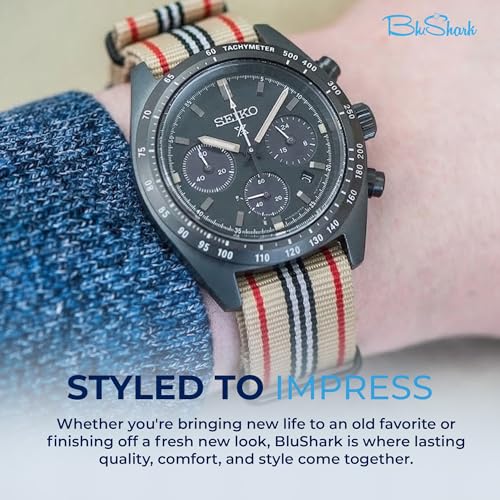 Image of BluShark - Original Collection Military-Style Waterproof Watch Strap, Fits All Timepiece Brands, Durable Nylon Wristwatch Accessories with Stainless Steel Buckle - 18mm, 20mm, 22mm & 24mm Watch Bands