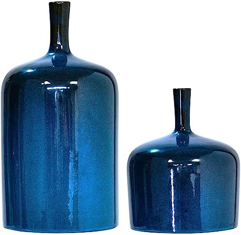 Ceramic Vase Blue Flower Vases - Set of 2 Modern Reactive Glaze Blue Vases for Centerpieces, Unique Long Neck Vase for Fireplace Bedroom Kitchen Cynkeyee