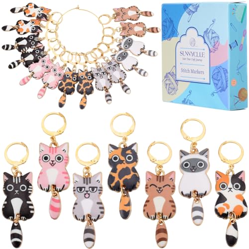 SUNNYCLUE 14Pcs 7 Styles Knit Stitch Marker Charm Cat Crochet Markers Cute Enamel Alloy Small Locking Stitch Marker Planner Charms for Knitting Crocheting Quilting Weaving Jewelry Making Supplies