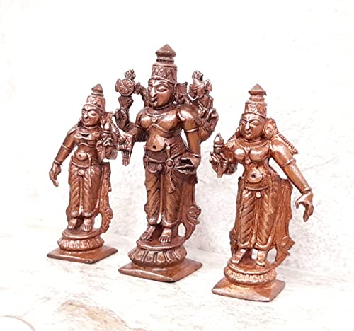 Image of Copper Idols of god Srinivasa Perumal with Sridevi and Bhudevi, 7.3 cm, 200 g, Patina Antique Finish, Pack of 1 Piece
