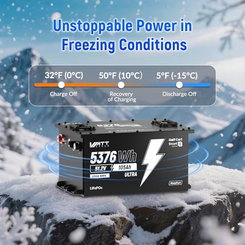 Image of WattCycle 48V 105Ah LiFePO4 Golf Cart Lithium Battery with 250A Smart BMS, Bluetooth Monitoring, IP65 Metal Case, 15000+ Cycle Deep Cycle Battery for Golf Carts, Solar Storage, RV, Home Backup
