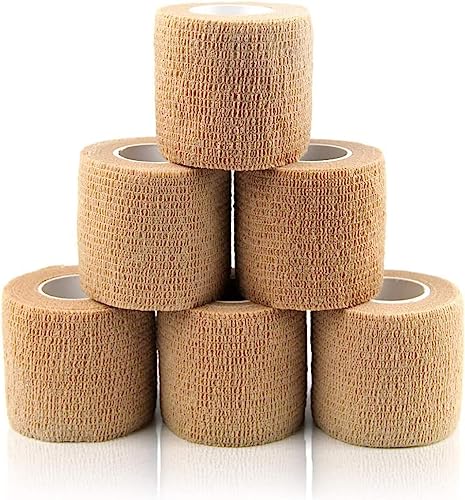 自己粘着包帯 2.5cm x 4.5 m 弾性包帯 不織布 スポーツテープ 獣医パッケージ 自着性伸縮 粘着包帯 足首膝肘サポートおよび関節を保護 6ロール