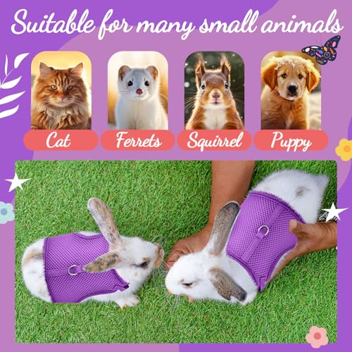 Image of Easter Bunny Costume Rabbit Harness and Leash Set with 2 Cute Decorations Bunny Clothes Adjustable Buckle Breathable Mesh Vest Harness for Rabbits Ferret Small Pig Puppy(Purple,Fresh Pattern)