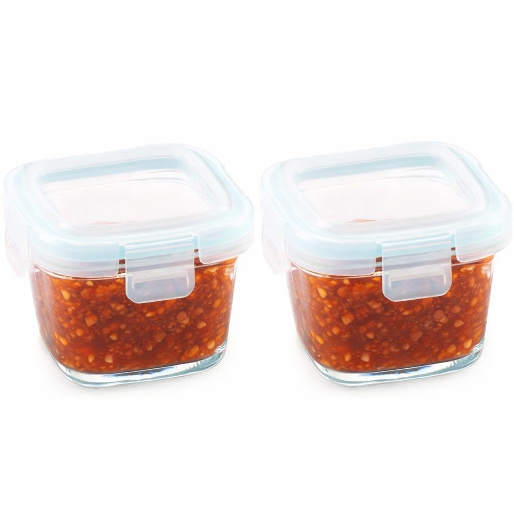 Borosilicate Glass Lunch Box Mini Square Food Container with Lock Lid | Airtight Leak-Proof Small Glass Storage Box, BPA-Free Food Grade – 160ml Set of 2 (Clear) (Mini Square)-image-7