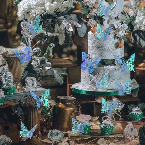 Image of SAOROPEB 3D Butterfly Wall Decor 48 Pcs Laser Blue Butterfly Decorations | 4 Styles 3 Sizes, Butterfly Birthday Decorations Butterfly Party Decorations Cake Decorations, Removable Stickers