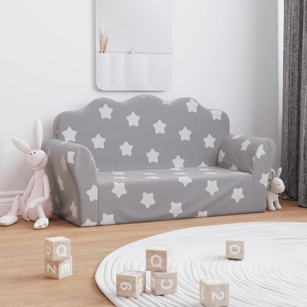 vidaXL Sofá de Niños de 2 Plazas, Sillón con Reposabrazos, Mini Sofá Infantil, Sofá para Dormitorio Sala Juegos, Felpa Suave Gris Claro con Estrellas