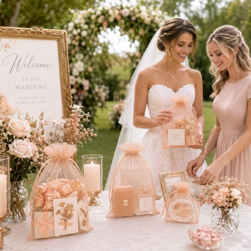 Image of FUNFERY 100PCS Peach Champagne Organza Gift Bags 5x7in,Drawstring Pouch