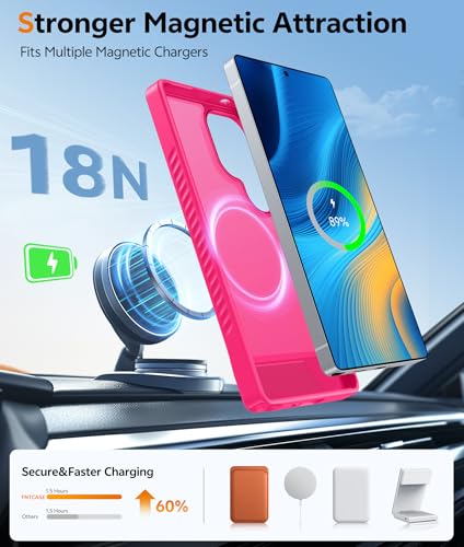 Image of FNTCASE for Samsung Galaxy S25-Ultra Case: [Magnetic Stand] [Compatible with Magsafe] Translucent Matte Military Grade Shockproof Drop Rugged Protective Phone Cover, Hot Pink