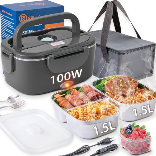 Nifogo Fiambrera Eléctrica 100W Calentador Comida Electrico 12V/24V/230V Fiambrera 1,5lx2 Pefecto para Hogar,Camping y Oficina con Cubiertos y Gris Bolsa