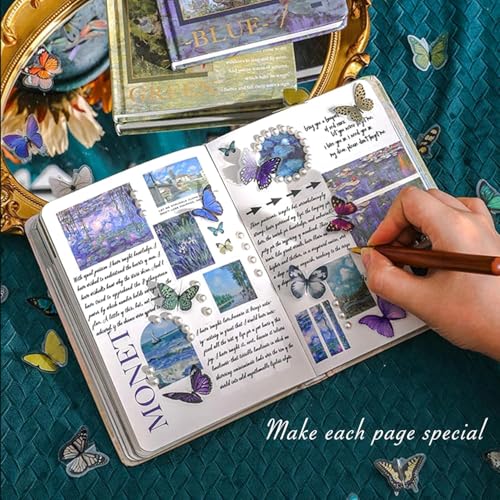 Image of 346Pcs Paper Vintage Aesthetic Scrapbook Kit Scrapbooking Supplies Kit With Bullet Junk Journal, Stationery, Washi Stickers A6 Grid Notebook Journaling Gift For Girl (Blue Scrapbook)