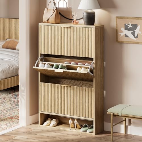 Image of Evermagin 31.5''W Oak Shoe Cabinet Storage for Entryway, Fluted Slim Shoe Dresser with 3 Flip Drawers, Narrow Shoe Rack Cabinet, Hidden Shoe Organizer Cabinet for Entrance, Hallway
