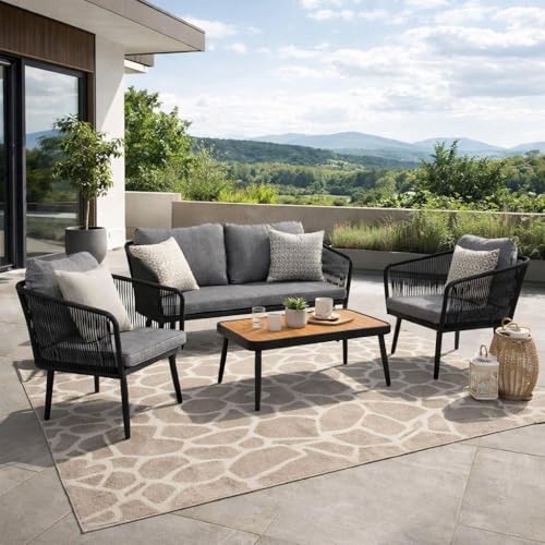 ESTEXO Gartenmöbel Set Sitzgruppe Rope Essgruppe Seil-Optik Outdoor Gartenbank Akazienholz Gartentisch Schwarz