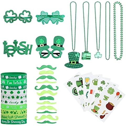 Chriscoco 75Pcs St.Patrick's Day Accessories Favors Set,Tattoo Stickers Shamrock Earrings Clover Headband Lucky Bracelets St Patricks Glasses Beards for St Patrick's Day Cover