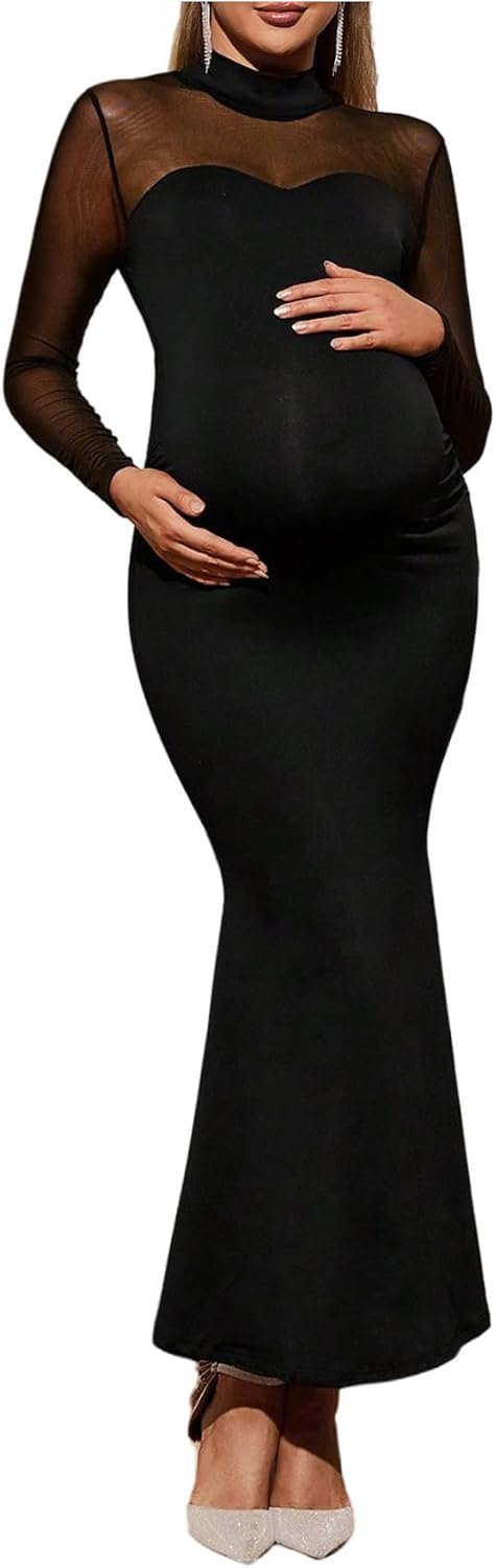 OYOANGLE Women's Maternity Dress Mock Neck Long Sleeve Bodycon Fishtail Maxi Dresses