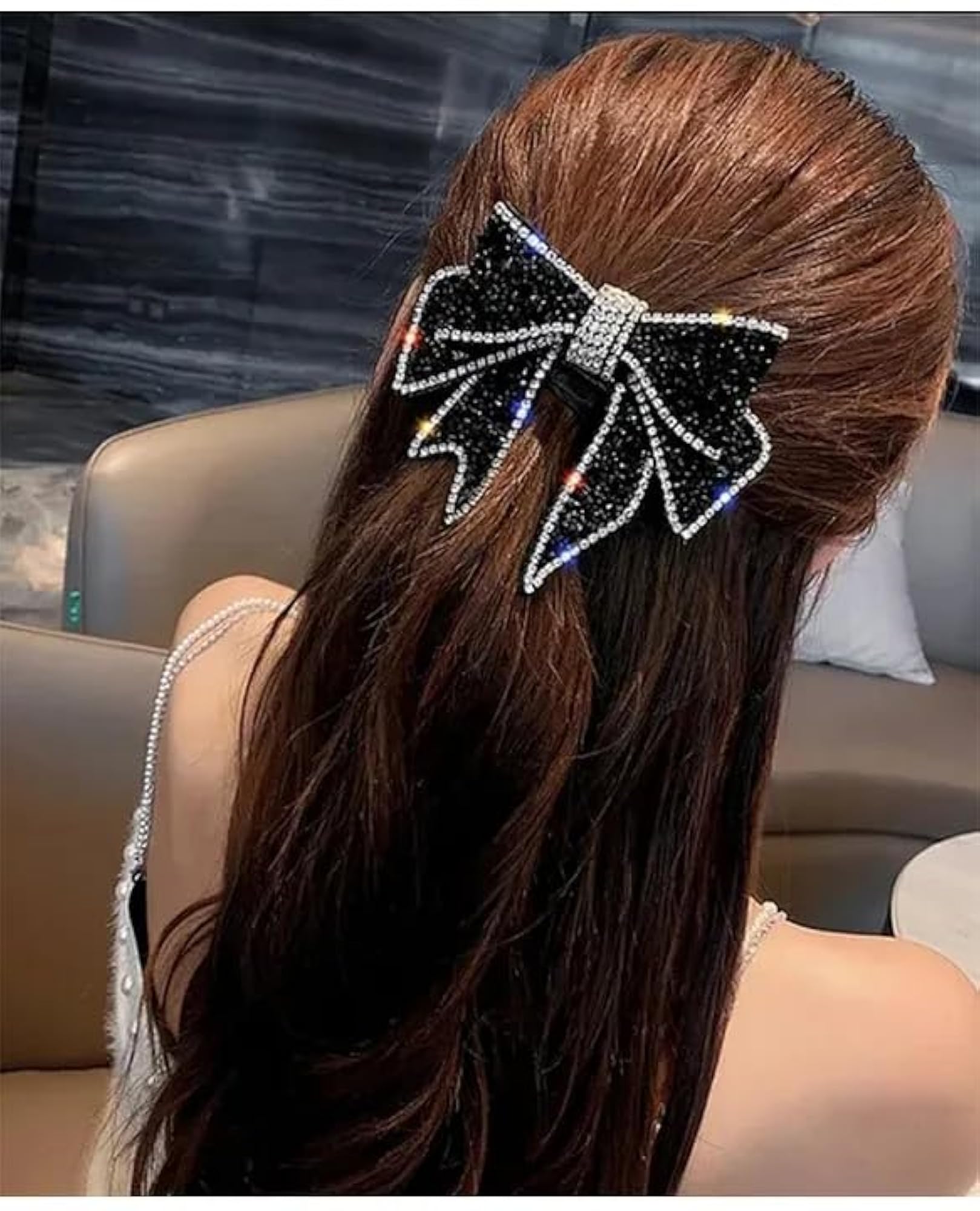 Stones Embellished Bow Designed Hair Clip, Elegant Black