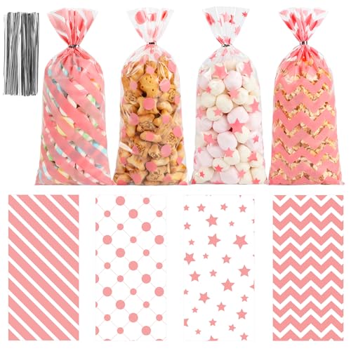 QOIUSO Pink Valentines Treat Bags – 100PCS Clear Cellophane Goodie Bags with Twist Ties - Valentine Plastic Gift Bag for Candy, Cookies, Classroom Valentine Exchange, Kids Party Favors & Small Gifts