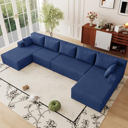 Image of 160 inch W Modular Sectional Sofa,Modern U-Shaped Cloud Couch with Deep Seat,Comfy Corduroy Sofa for Living Room,No Assembly (Blue)