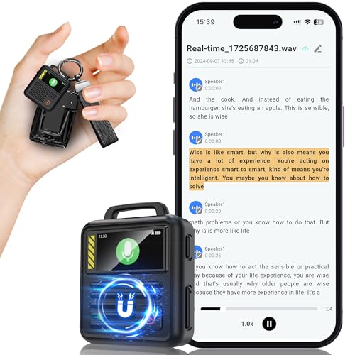 Moresen 16GB(1170Hours) 3072kbps Magnetic AI Voice Recorder APP Control,Transcribe,simultaneous Interpretation Recording Device with Speaker,DSP Noise Reduction Audio Recorder with Password, Black