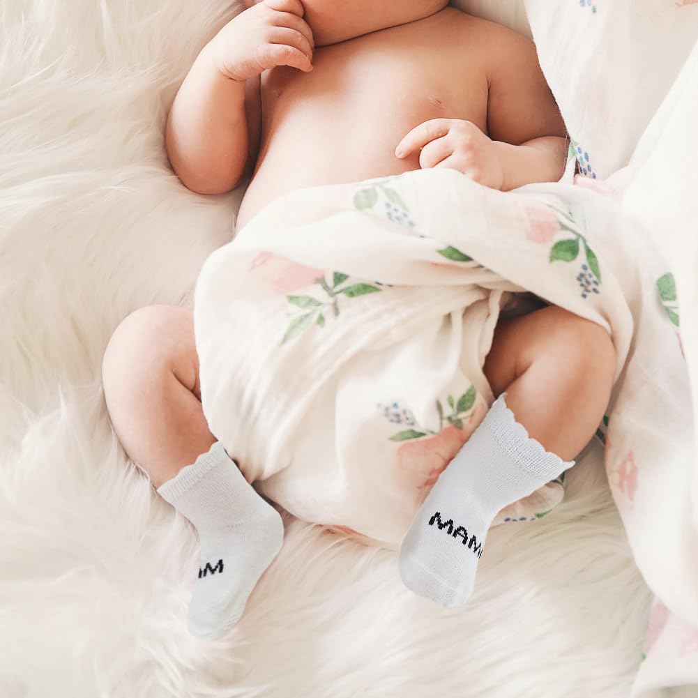 EQLEF Skarpety niemowlęce, prezent, 4 pary MaMa & PaPa Bawełniane skarpety dla noworodków, cienkie skarpety dla dzieci w wieku 0-3 miesięcy, dla dziewczynek, chłopców, do domu, słodkie skarpetki