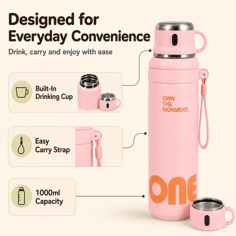 Image of Homero Premium Steel Bottle 1 Litre 1 L, Stylish Water Bottle with Cup & Straw, Leak Proof Elegant Design for Women, Office, Gym, School, College & Travel Use - Soft Pink