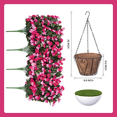 Ammyoo Artificial Flowers In Hanging Basket For Outdoors Indoors Decor, Artificial Mums Bush Flowers Plants With Baskets For Home Porch Garden Yard Patio Decoration (Rose Red) #TOP4
