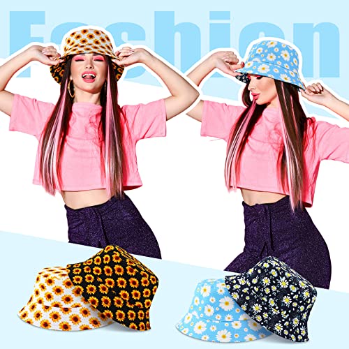 Yahenda 2 Pcs Reversible Bucket Hat, Unisex Print Double Side Wear Fisherman Hats For Women Men, Daisy And Sunflower Hat, Outdoor Fisherman Hat Headwear #TOP3