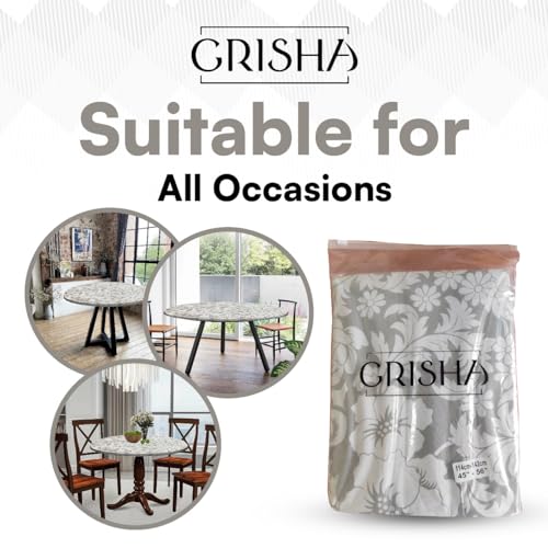 GRISHA Waterproof Round Tablecloth,Elastic Edged Fitted,Oilcloth,PVC,Wipeable,Outdoor circular plastic cover. (Grey Flowers, 114x142cm) - Image 4