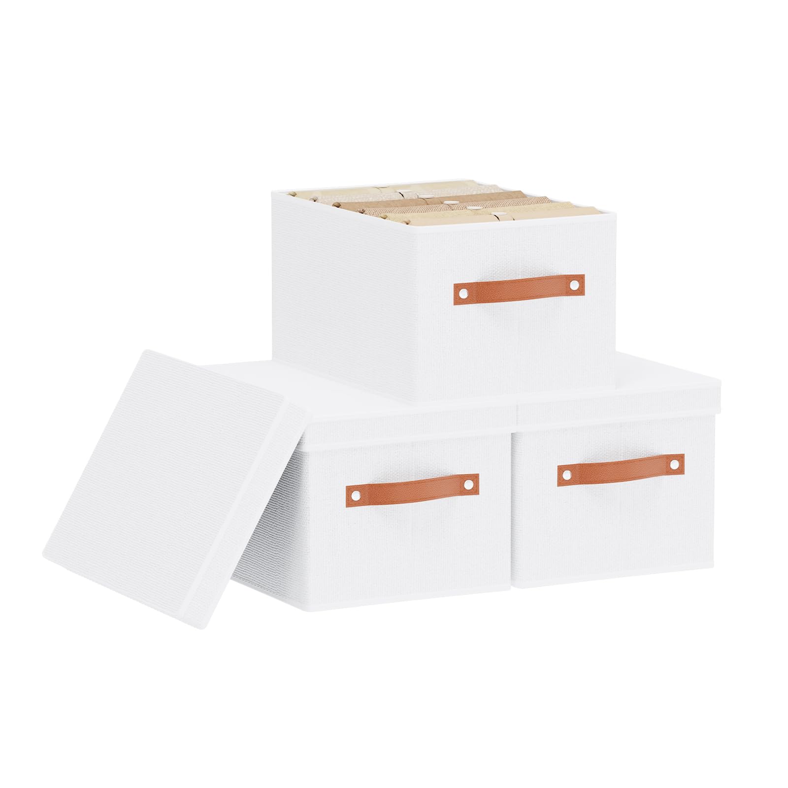 YheenLf 3 Stück Aufbewahrungsbox mit Deckel, Faltbare Aufbewahrungskorb, Stoffbox mit Griff, Schrank Organizer Kleiderschrank, für Kleidung, Weiß, 33x23x18cm