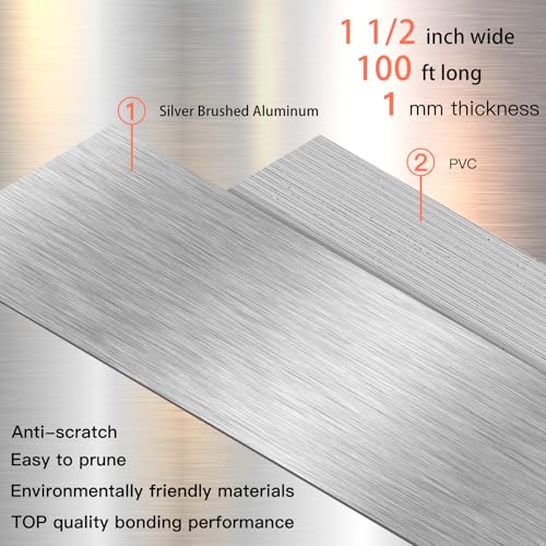 Image of GSCIT Club Silver Edge Banding, 1 1 /2 Inch x 100ft Aluminum Brushed Edge Banding PVC Edge Trim for Cabinet Repair Furniture