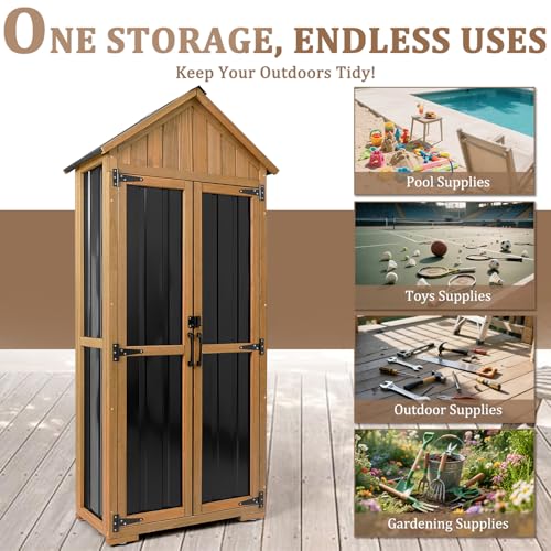 Image of Outdoor Storage Cabinet Waterproof, Outdoor Storage Shed with Shelves, Wood & Metal Patio Backyard Garden Storage Cabinet Tool Organizer for Outside