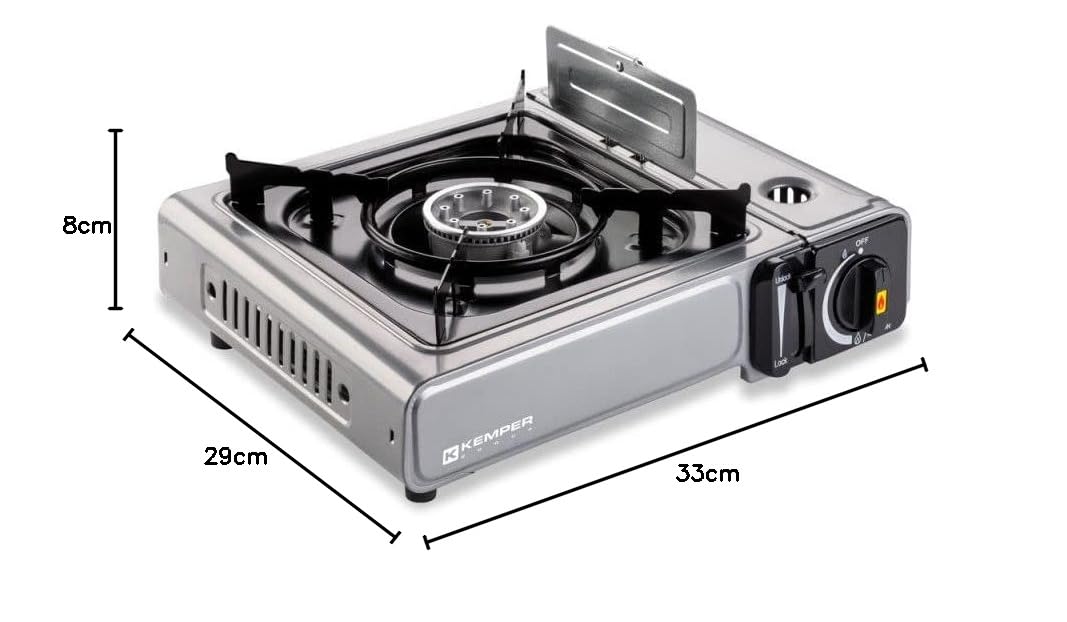 KEMPER – Hornillo de gas NOMADE INOX 1900 W Encendido piezo Doble sistema de seguridad Maletín