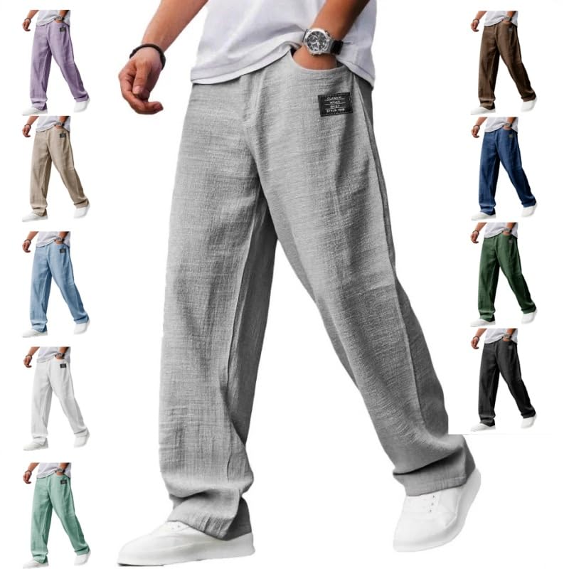 Mokaloha Mens Pants， Casual Hemp Fabric Drawstring Loose Elastic Waist Pocket Trousers for Home Exercise or Travel3