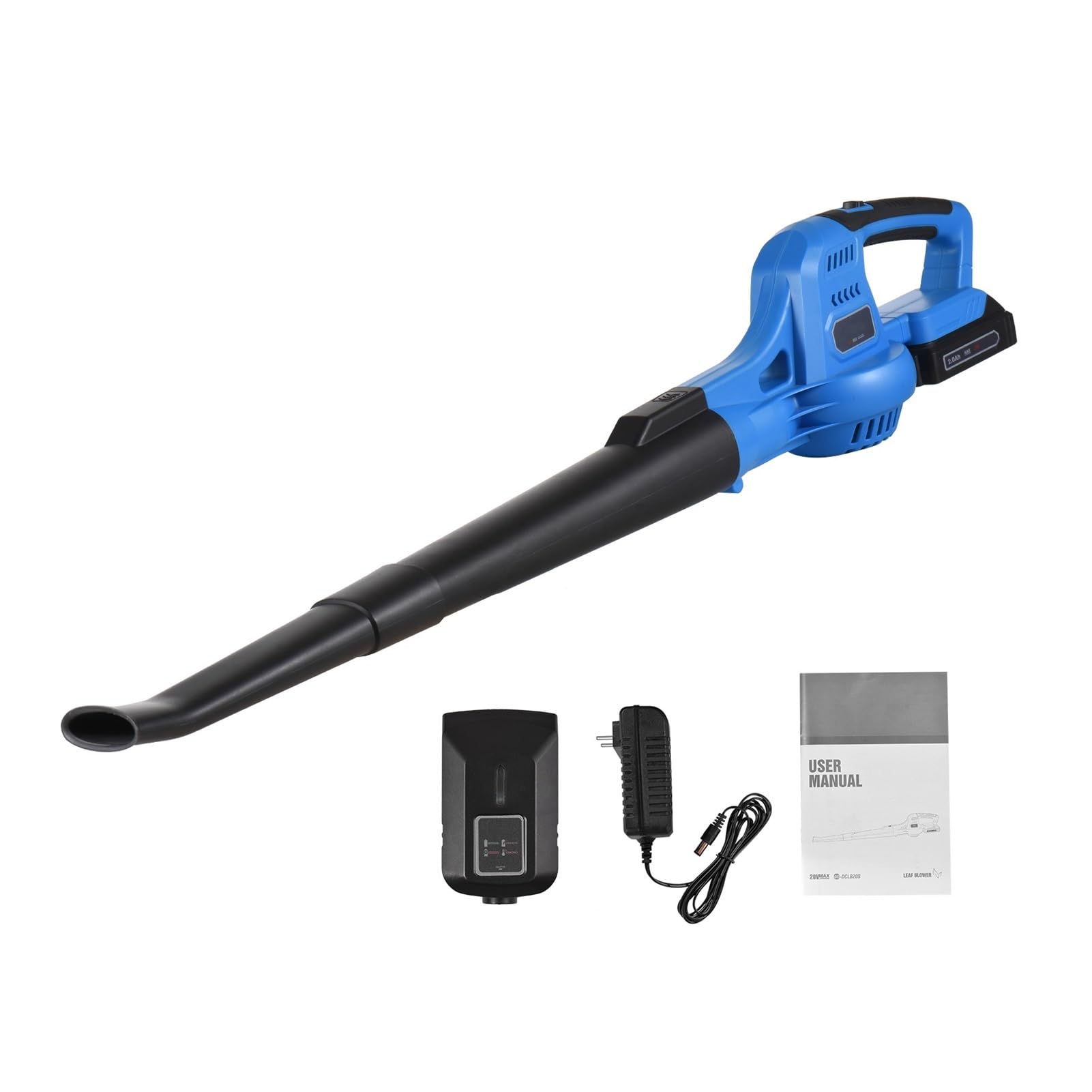 Soplador de hojas eléctrico inalámbrico 20 V, control 2 velocidades, barredora mano portátil 60 MPH/130 MPH con tubos extensión, batería,0 Ah Altamente Eficiente