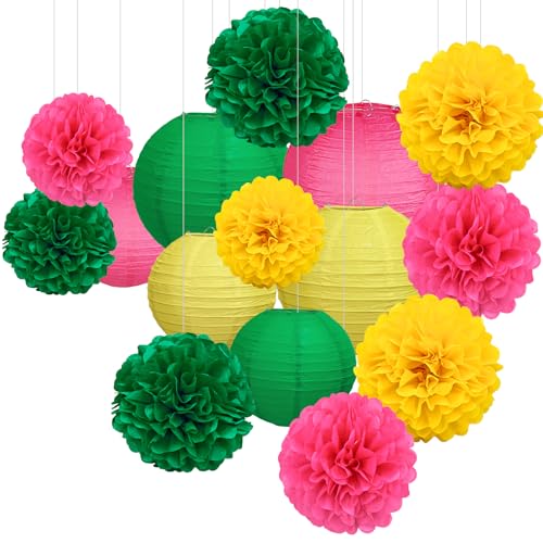 Image of KAXIXI 15-Piece Rose Red, Green & Yellow Paper Lanterns Pom Poms
