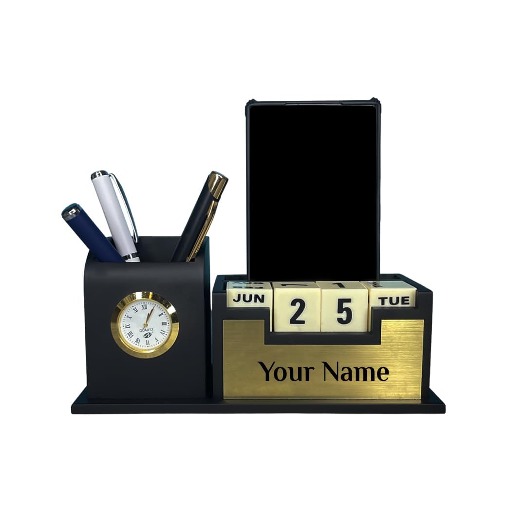 Nupur Studios " Personalized Wooden Pen Stand/Desk Organizer/Table Calendar & Watch/Diwali Gifts for Doctors, Employees & Office Decor/Corporate Gifting