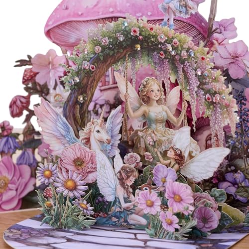 Yulijiji 3D Pop-up Fairy Garden Birthday Cards, Magical Design, Pink Floral Fantasy Scene, 3D Greeting Gift Cards for Girls, Daughters, Sister, Granddaughters All Occasion-Includes Notecard & Envelope