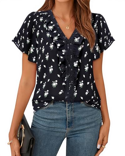 Lotusmile Womens Dressy Ruffle Tops Summer Chiffon V Neck Work Blouse Casual Flutter Short Sleeve Shirts3