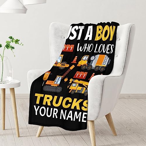 Personalized Construction Truck Blanket Gifts with Name - 30x40 Inches Funny Throw Blanket for Boys - Black Soft Fuzzy Excavator Blankets for Couch & Office