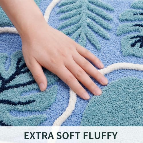 BLESWIN Blue Bathroom Rug 20" x 32" – Monstera Leaf Non-Slip Bath Mat, Cute Absorbent Soft Machine Washable Quick Dry Microfiber Decor Plush Door Mat for Shower Floor Sink Bathtub Bedroom - 2