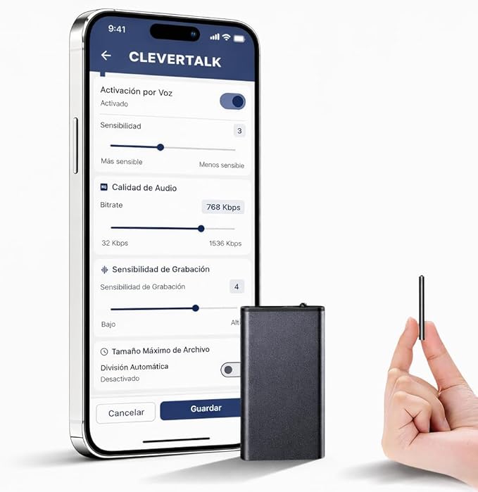 CleverTalk Q1 Grabadora de Voz con IA | Activada por Voz | App Móvil, Mac, Windows y Web | Cloud Europea GDPR | 32GB | Audio HD 1536kbps | USB-C