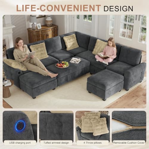 Image of Hanherry 106 inch Sectional Sofa with Pull Out Couch Bed,7 Seat Chenille Sleeper Sofa with 2 Seat Storage & USB Charging,Storage Ottoman,Comfy Modular Couches for Living Room,Apartment