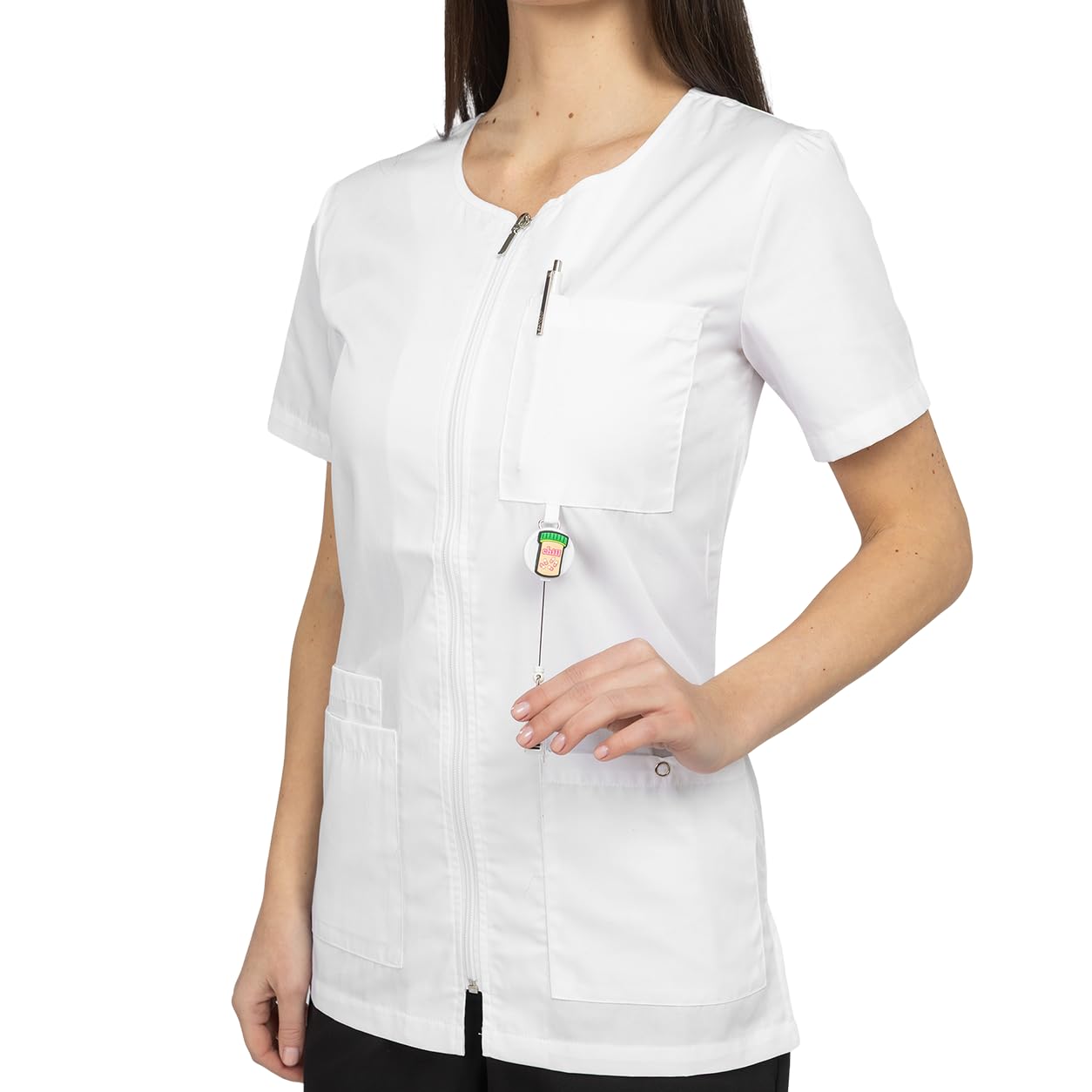 B-well Stella Camice Medico Donna Casacca Infermiere con Cerniera Camice da Lavoro Donna con Cerniera Manica Corta Scollo V, 4 Tasche