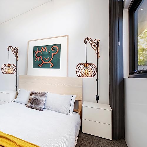 Image of Boho Hanging Lamps Plug in Wall sconces Gold Glass Dimmable,Vintage Hanging Wall Lantern Light Lamp Plug in for Bedroom, Living Room,2PK