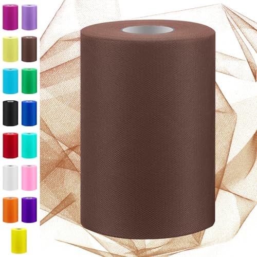 Swpeet 6 Inch by 100 Yards Coffee Color Tulle Fabric Roll, Fabric Spool Tulle Ribbon, Netting Polyester Spool for DIY Handmade Birthday Party Wedding Decorations Christmas Craft Supplies