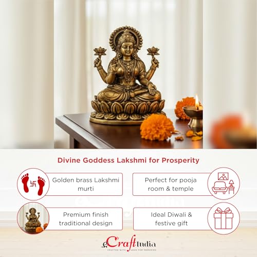 Image of eCraftIndia Golden Brass Goddess Maha Lakshmi Idol Laxmi Maa Murti Home Decor, Pooja Room Temple