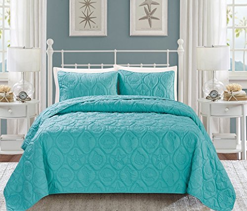 Grand Linen 3-Piece Tropical Coast Seashell Beach King Bedspread Turquoise Blue Coverlet Embossed Bed Cover Set. Sea Shells, Sea Horse, Starfish etc.
