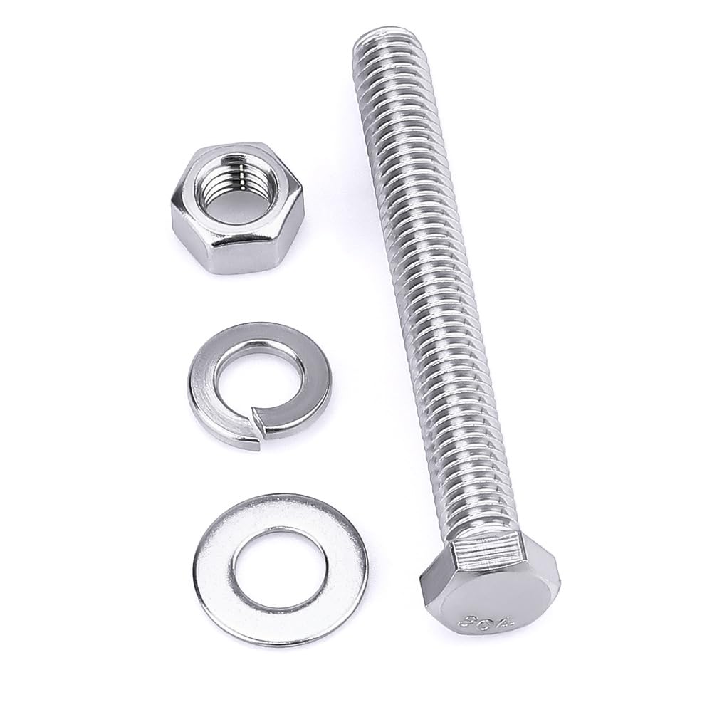 1/4-20 x 2-1/2" (10 Sets) Stainless Steel Hex Bolts Screws with Nuts Flat Washers Lock Washers, 304 SS 18-8, Hexagon Head, Fully Machine Threaded, Bright Finish