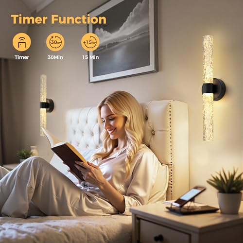 Image of DORESshop Battery Operated Wall Sconces Set of 2, 10000mAh Rechargeable Wall Sconce with Stone Pattern Acrylic, Dimmable Wireless Wall Sconce, Sconce Wall Decor for Living Room, Bedroom, Black 21.4in